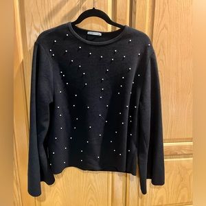 Zara Trafaluc Black Fleece Faux Pearl Long Sleeve Top Size Medium